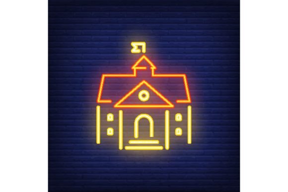 School Building Neon Sign. Modern Bright